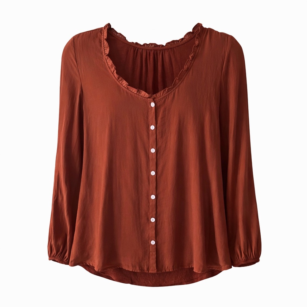 Dolan Left Coast Collection Rust Ruffle Neck Button Front Blouse | Size S